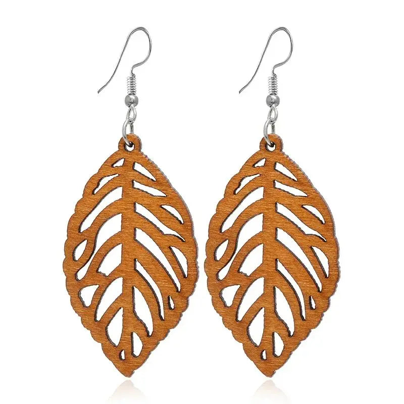 Boucles d'Oreilles Pendantes Feuille de Laurier en Bois