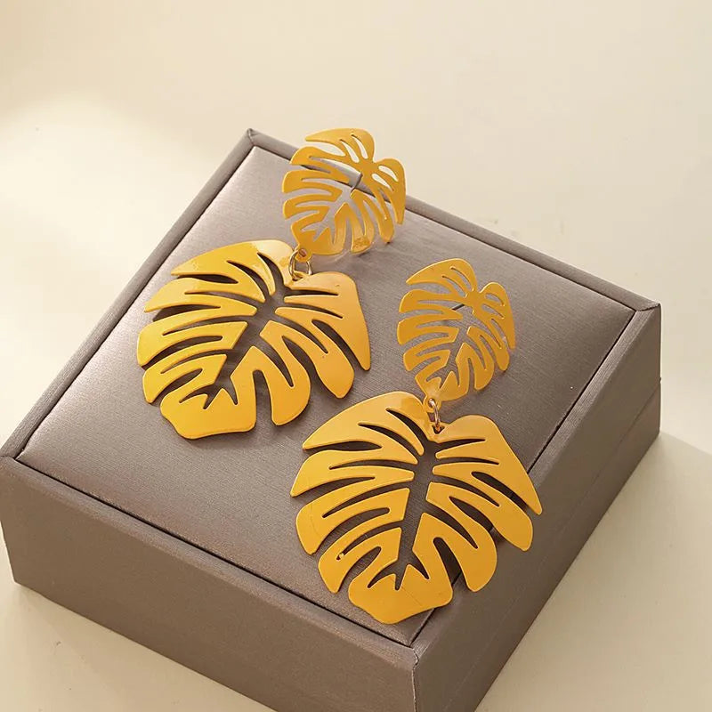 Boucles d'Oreilles Pendantes Feuille de Palmier jaune
