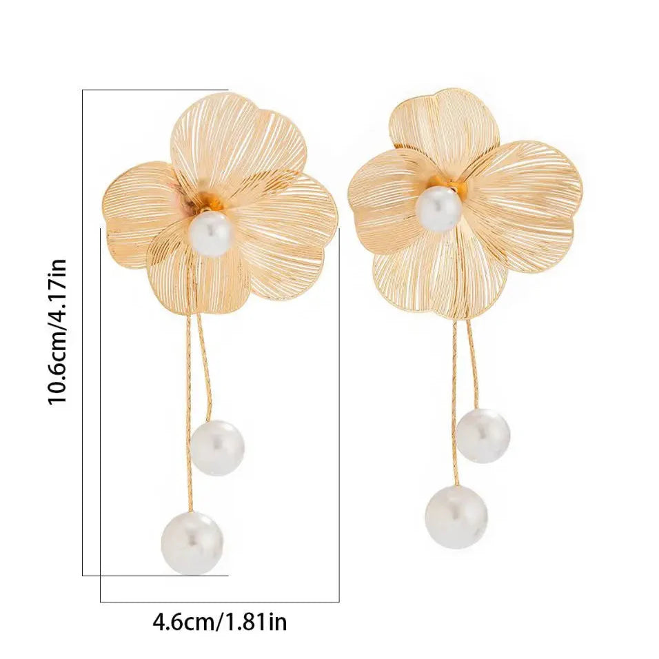 Boucles d'Oreilles Pendantes Fleur et Perles