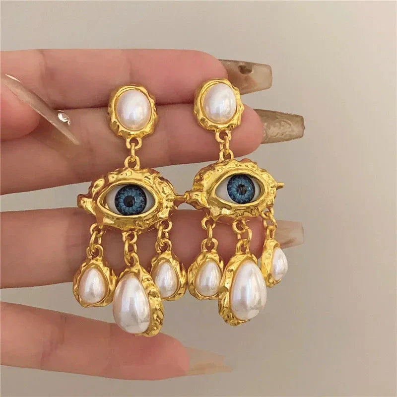 Boucles d'Oreilles Pendantes Oeil Bleu et Perles or