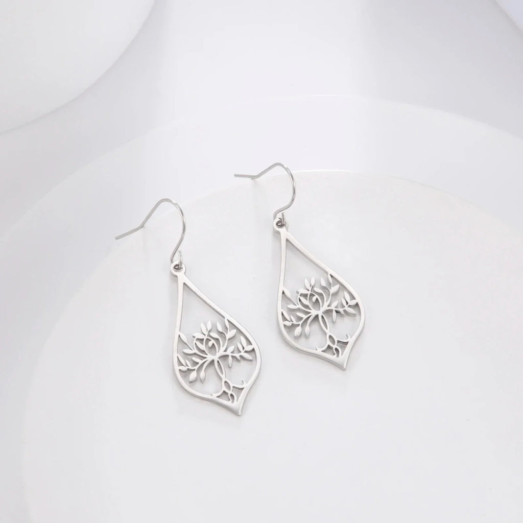 Boucles d'Oreilles Pendantes Ovales Arbre de Vie argent