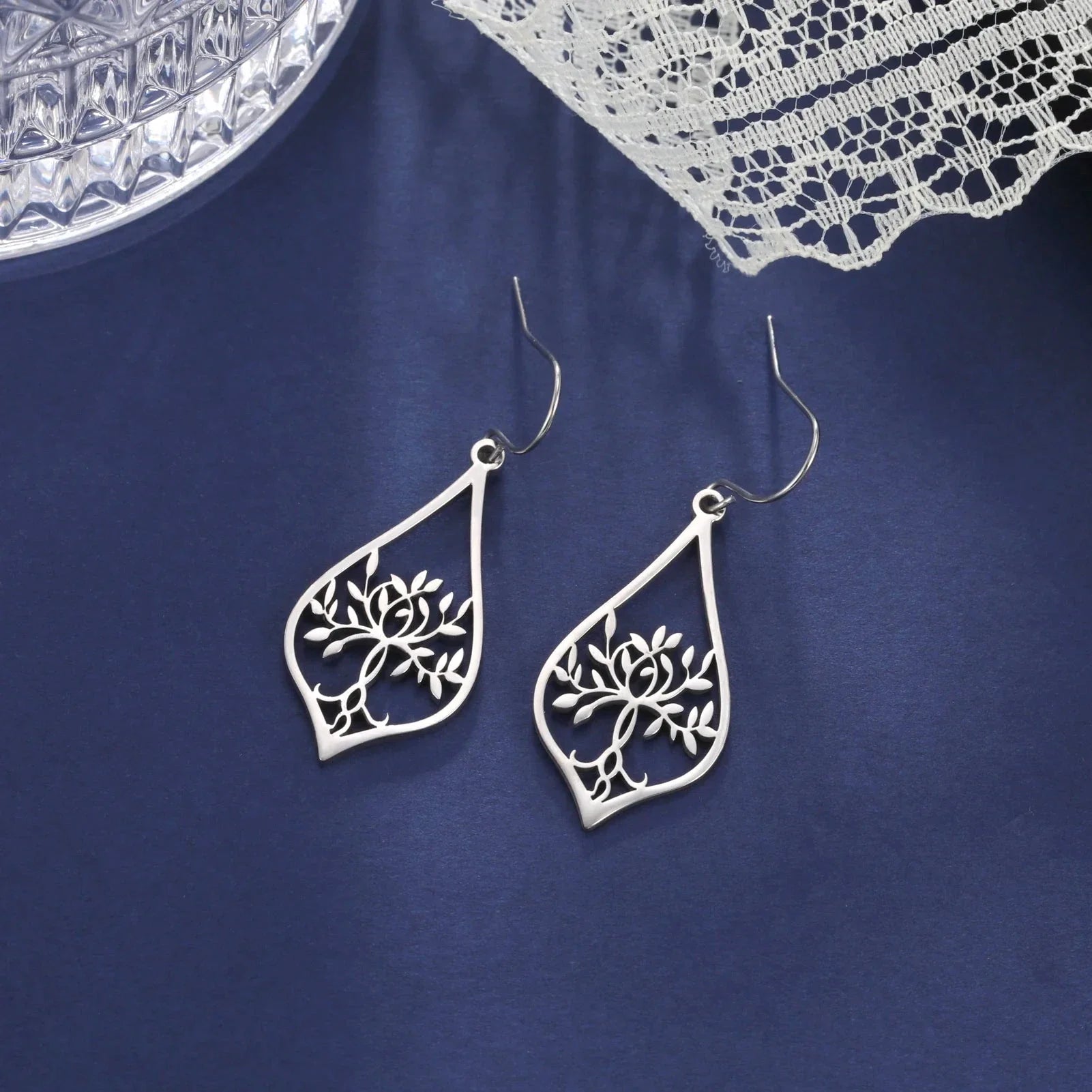 Boucles d'Oreilles Pendantes Ovales Arbre de Vie argent