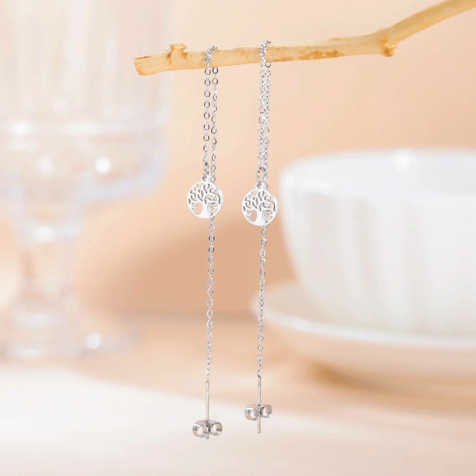 Boucles d'Oreilles Pendantes Pour Femme Arbre de Vie argent