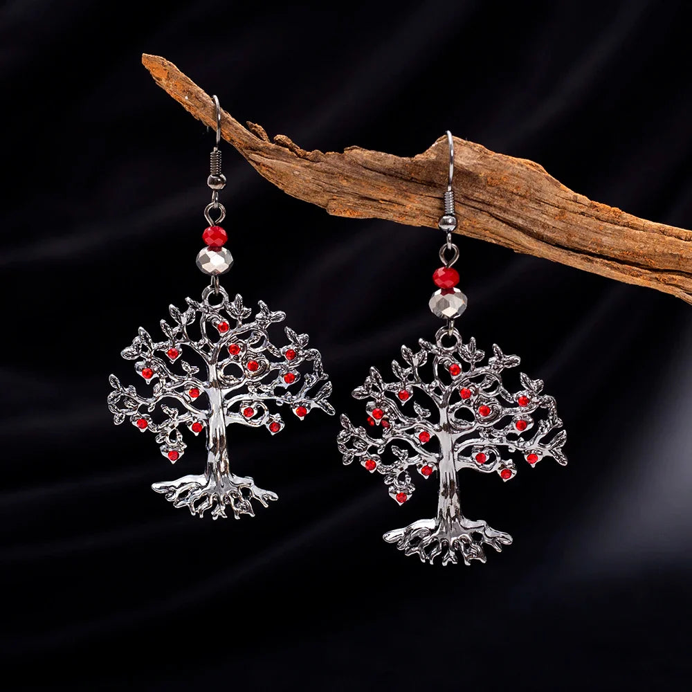 Boucles d'Oreilles Pendantes pour Femme Arbre de Vie rouge