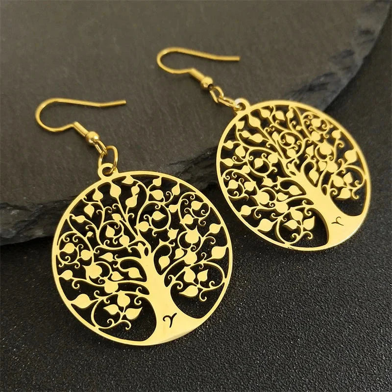 Boucles d'Oreilles Pendantes Rondes Arbre de vie or