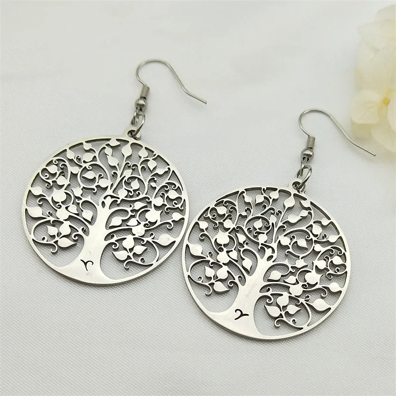 Boucles d'Oreilles Pendantes Rondes Arbre de vie argent