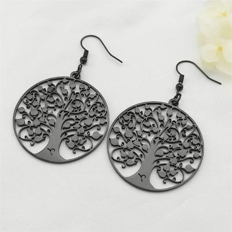 Boucles d'Oreilles Pendantes Rondes Arbre de vie noir