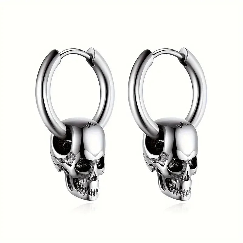 Boucles d'Oreilles Pendantes Tête de Mort pour Homme argent