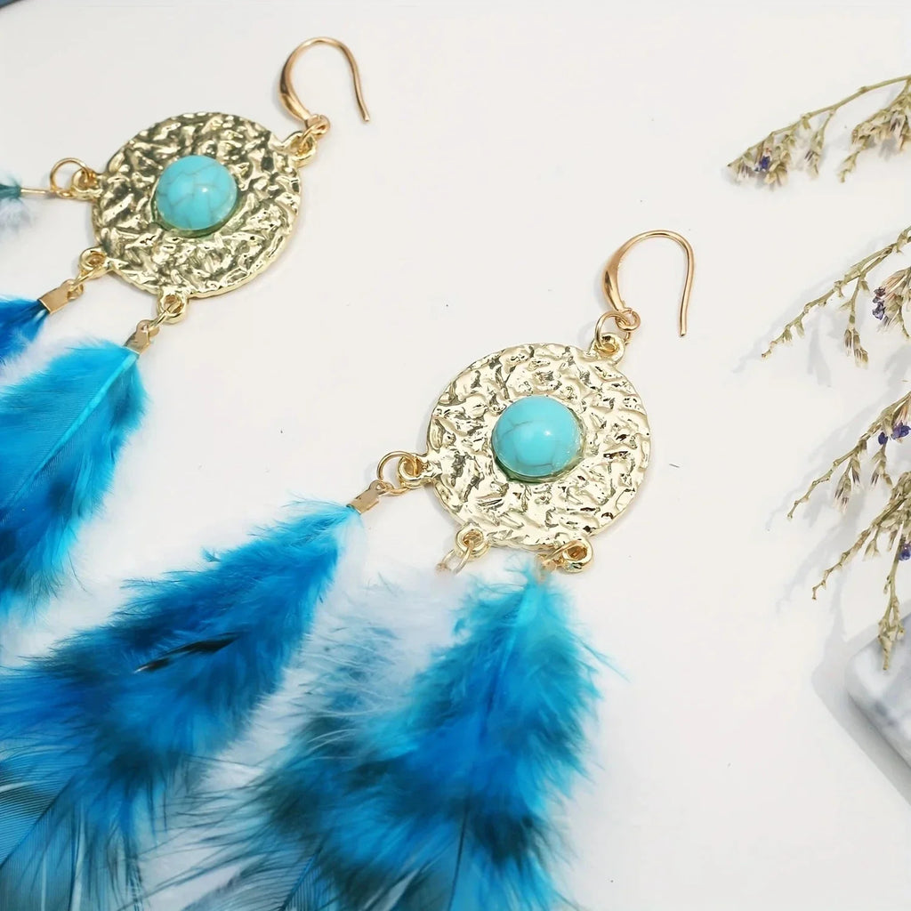 Boucles d'Oreilles Plumes Bleues