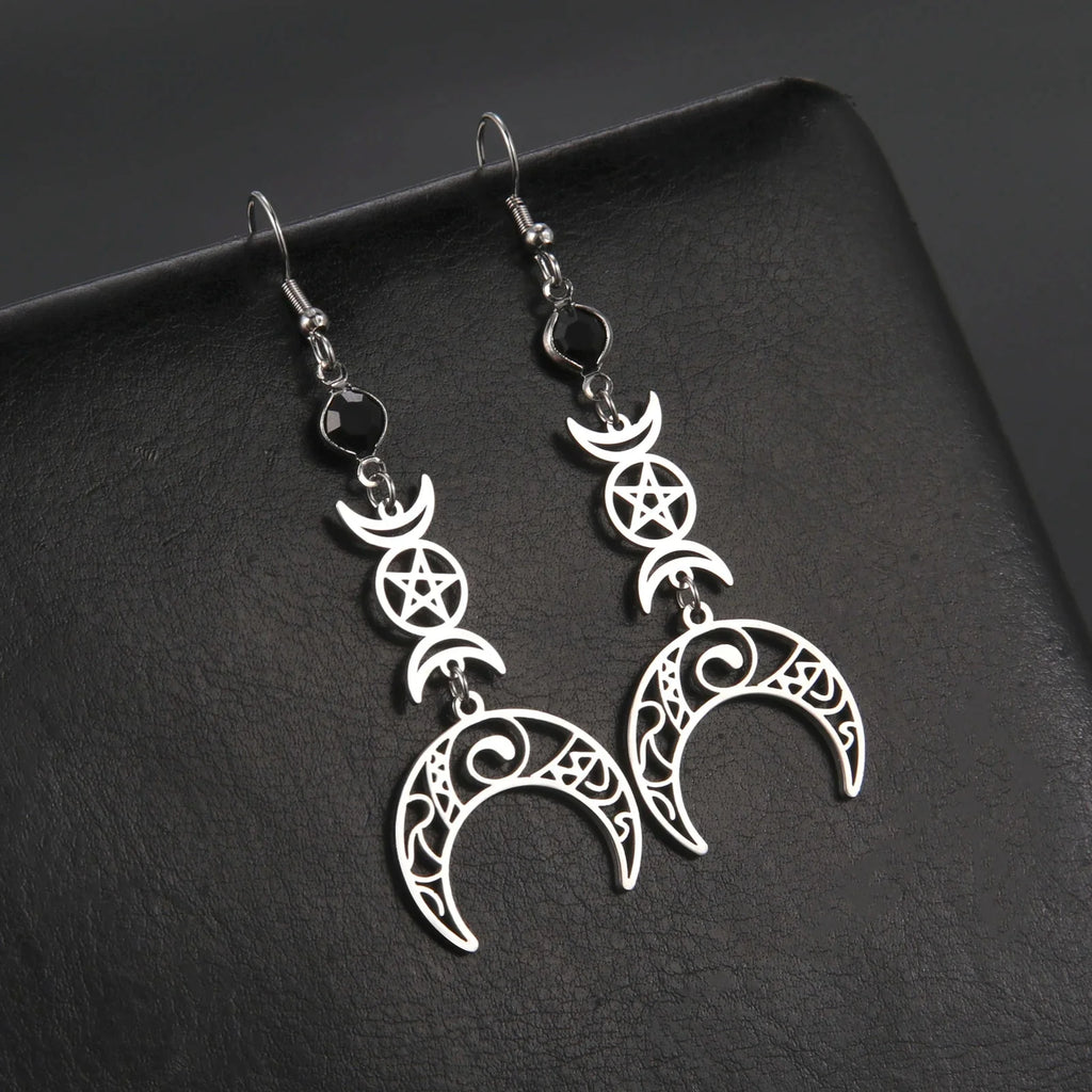 Boucles d'Oreilles Triple Lune Pendantes Sorcellerie Wiccan Femme