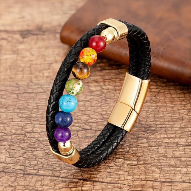 7 Chakras Læderarmbånd til Mænd og Kvinder guld