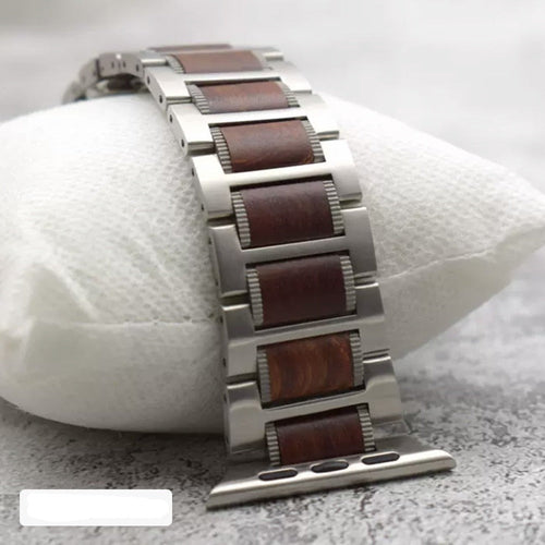 Apple Watch-armbånd i sølv og brun træ