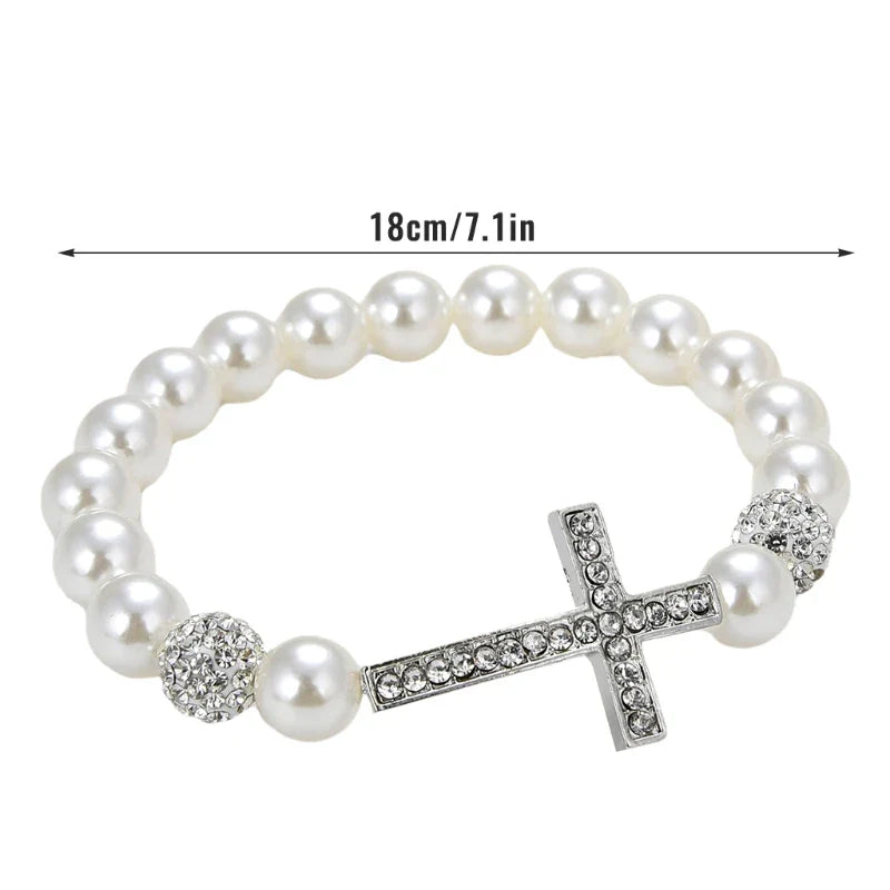 Bracelet avec Perles Blanches et Croix