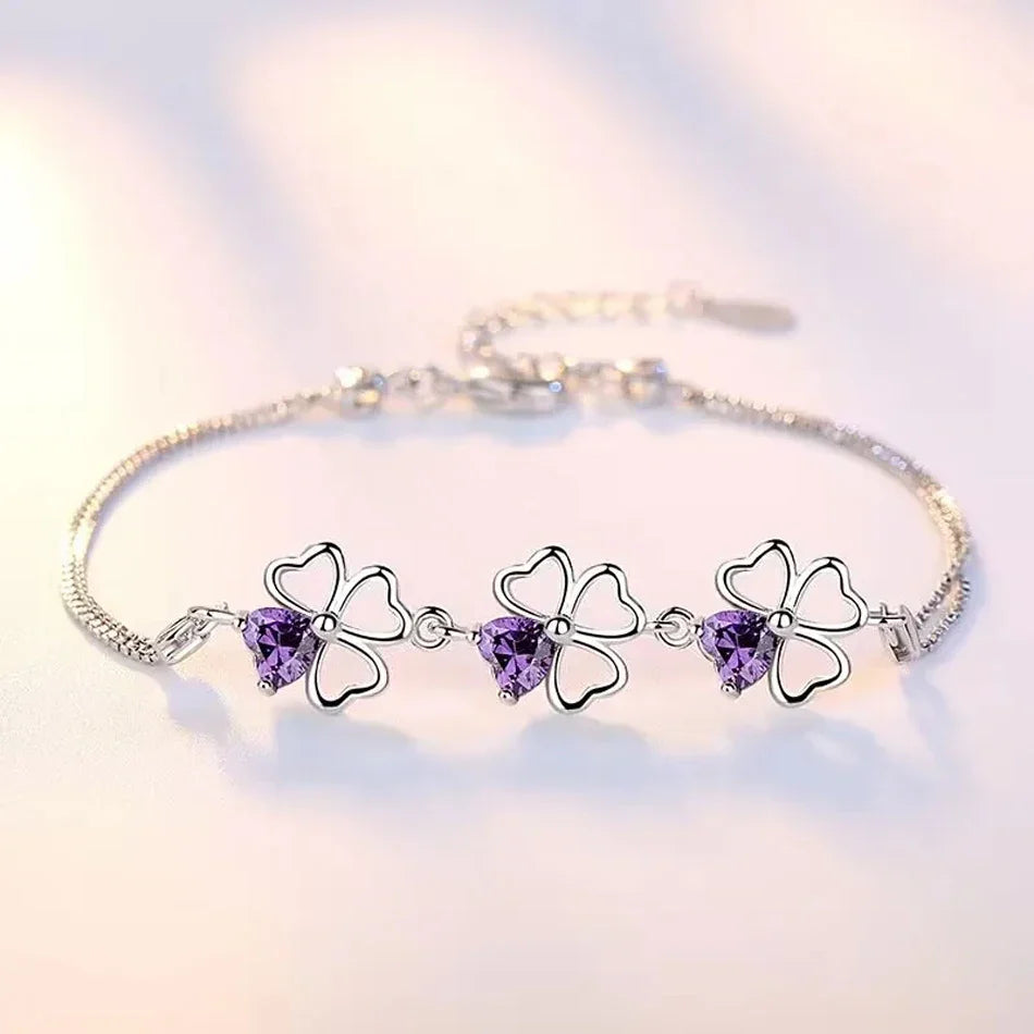 Armbånd med firkløver med lilla zirkonia