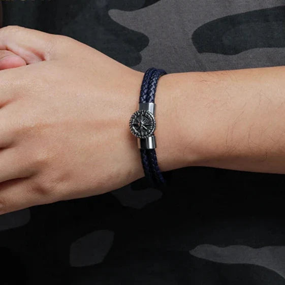 Herrekompassarmbånd i lær med kompass og vindrose svart