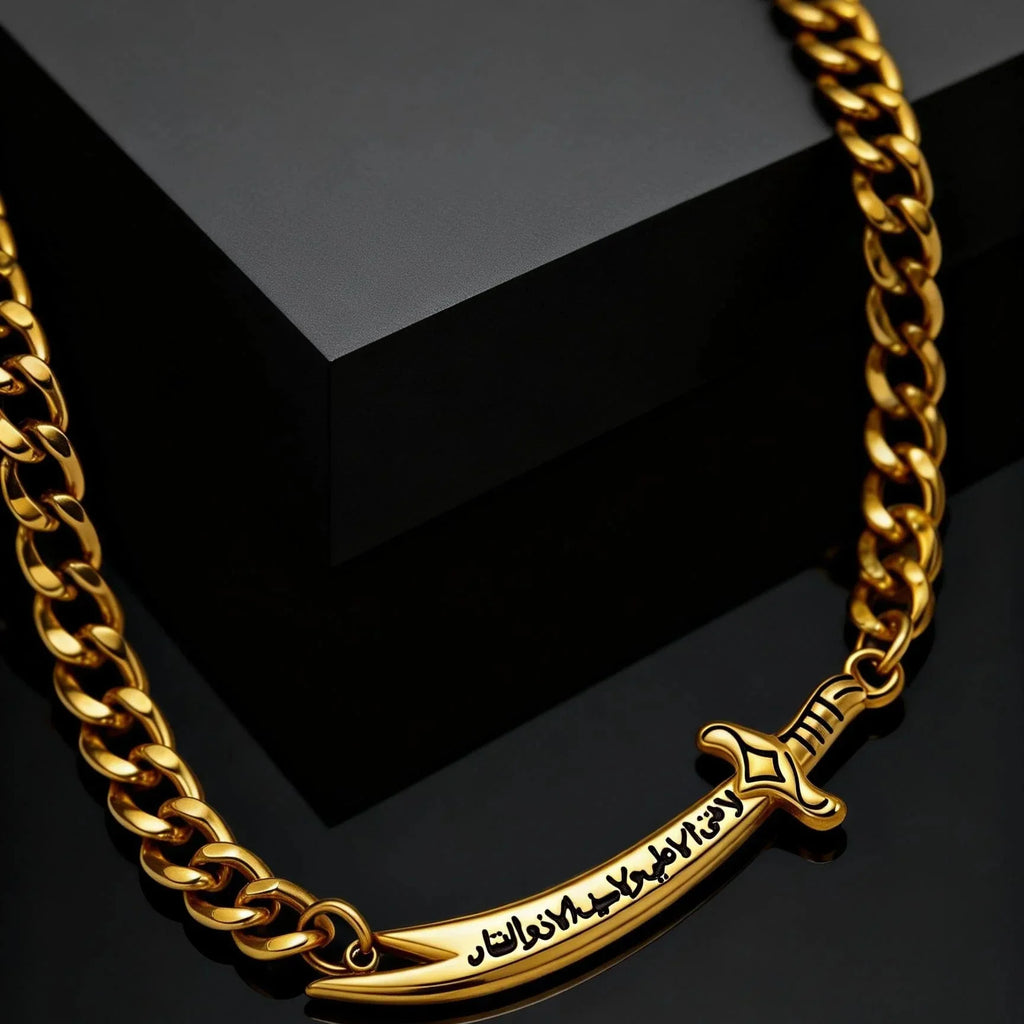 Kubanskt armband för herr med arabiskt Ali Zulfiqar-svärd i guld