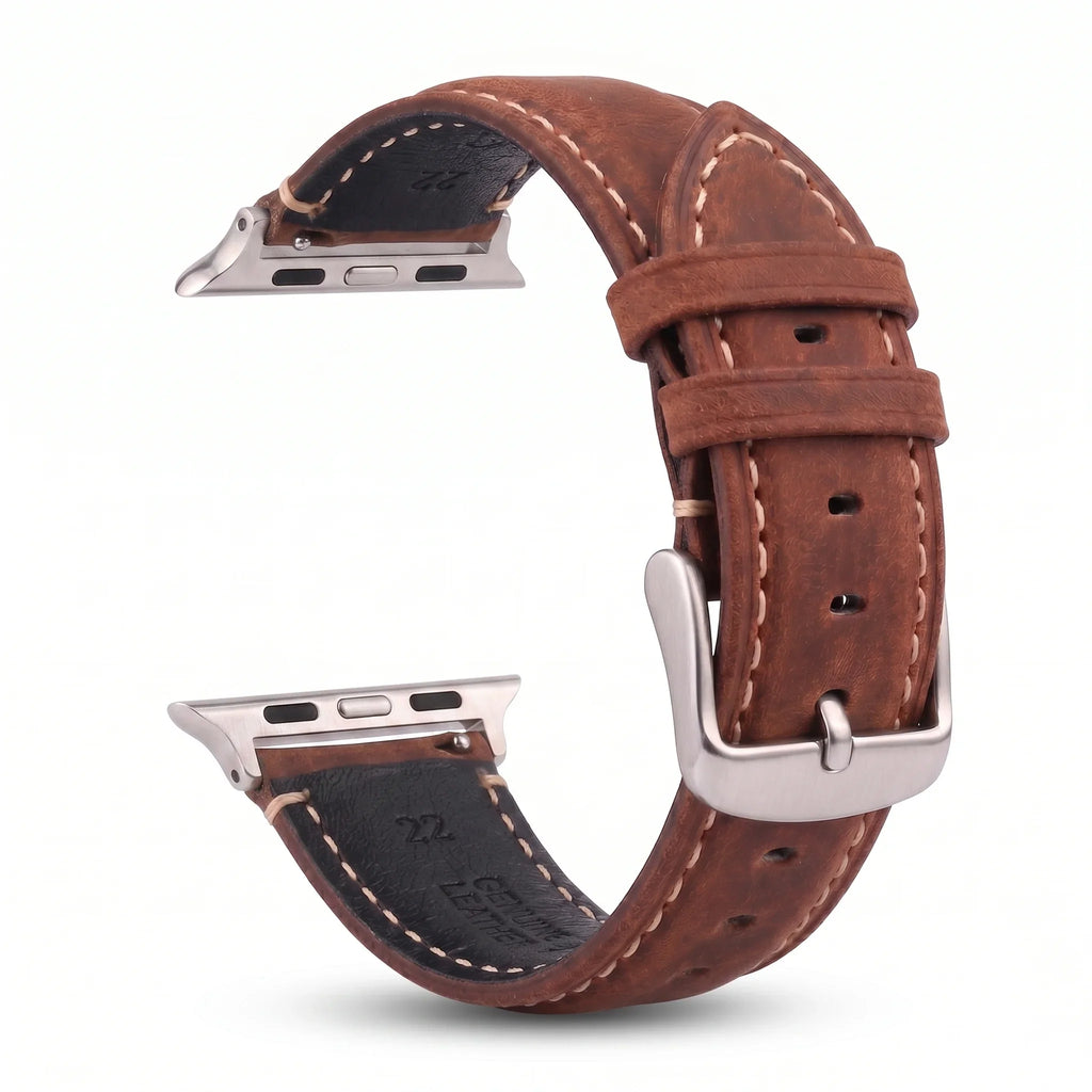 Klassisk brun/sølv læderudskiftningsrem til Apple Watch