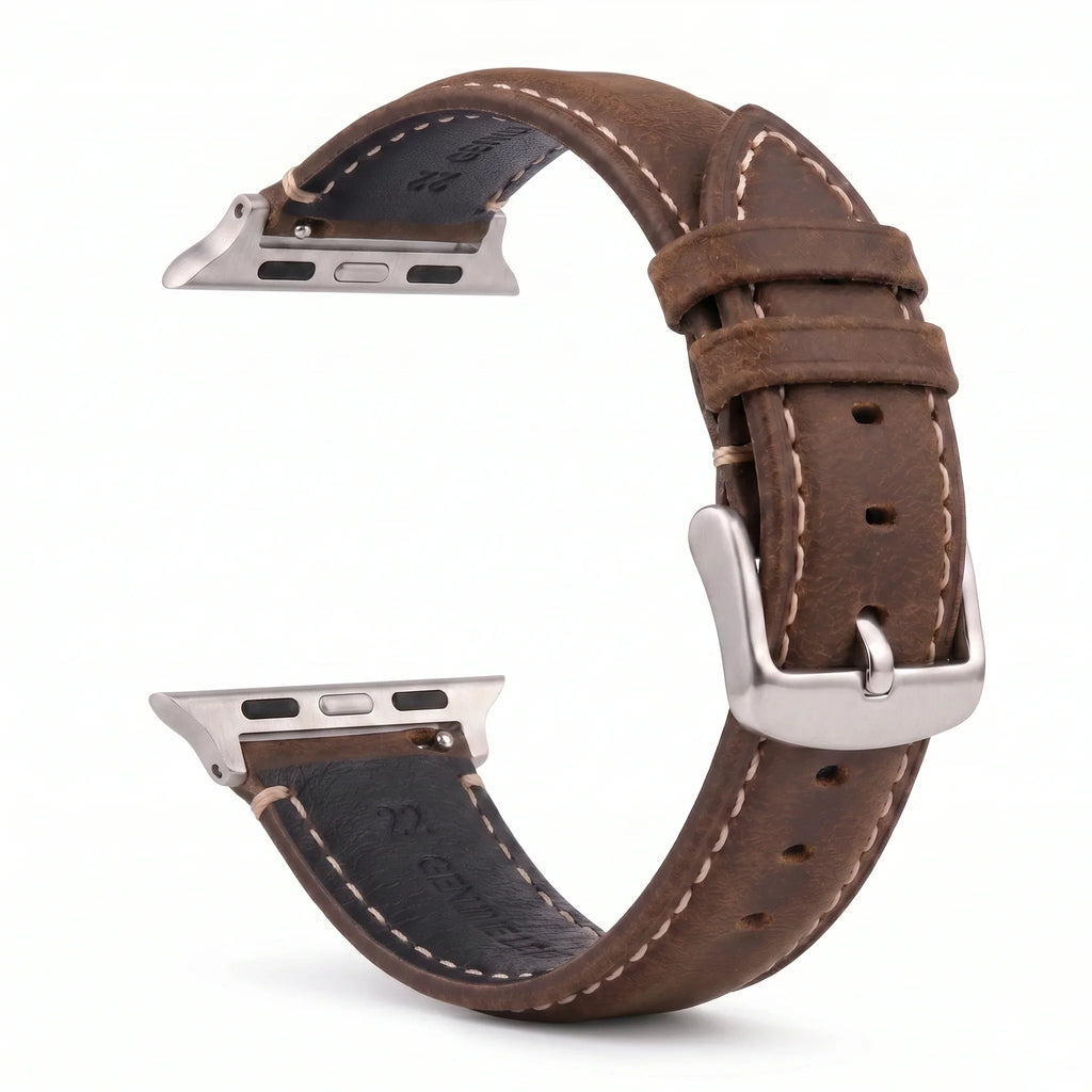 Klassisk brun/sølv læderudskiftningsrem til Apple Watch