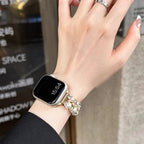 Náhradní řemínek pro Apple Watch se štrasem a perlami ve zlaté barvě a s perlami