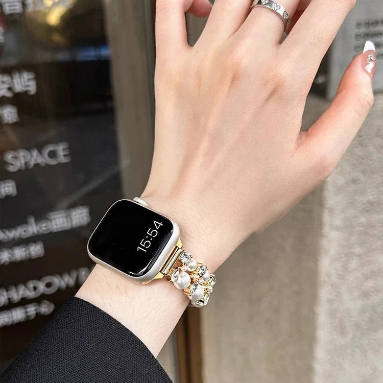 Ersättningsarmband för Apple Watch med strass och pärlor i guld och pärlor