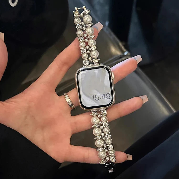 Ersättningsarmband för Apple Watch med strass och pärlor i silver