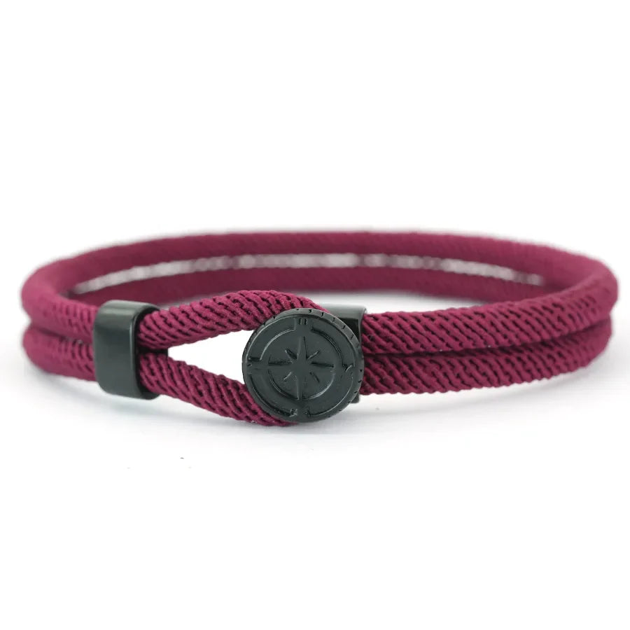 Bracelet en Corde avec Boussole Noire Rose des Vents bordeaux