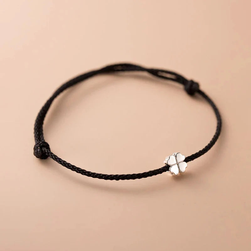 Bracelet en Corde avec Trèfle à 4 Feuilles Blanc noir