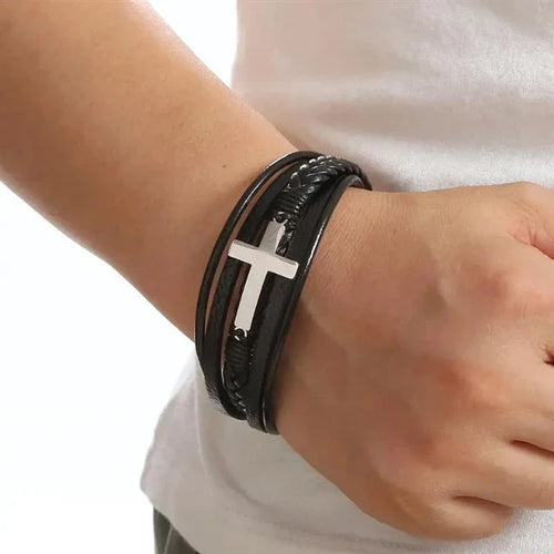 Læderarmbånd med kors til mænd 