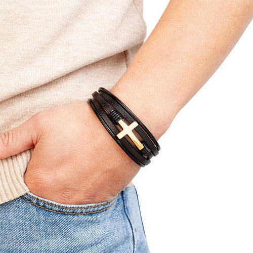 Læderarmbånd med kors til mænd
