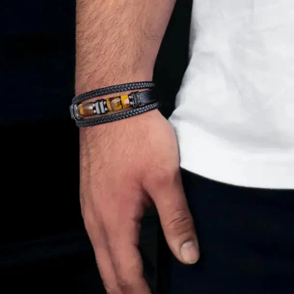 Armbånd i lær og tigerøye-stener