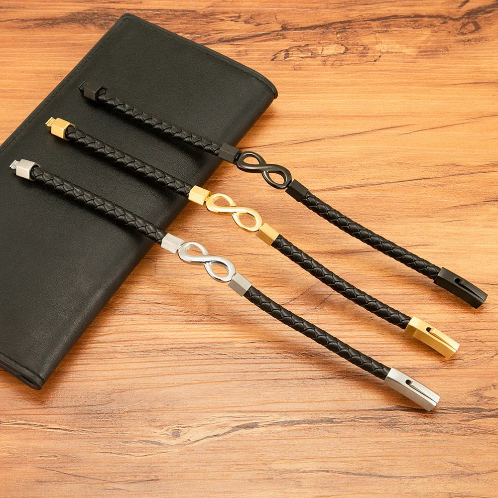 Moderne herrearmbånd i skinn med uendelig symbol 