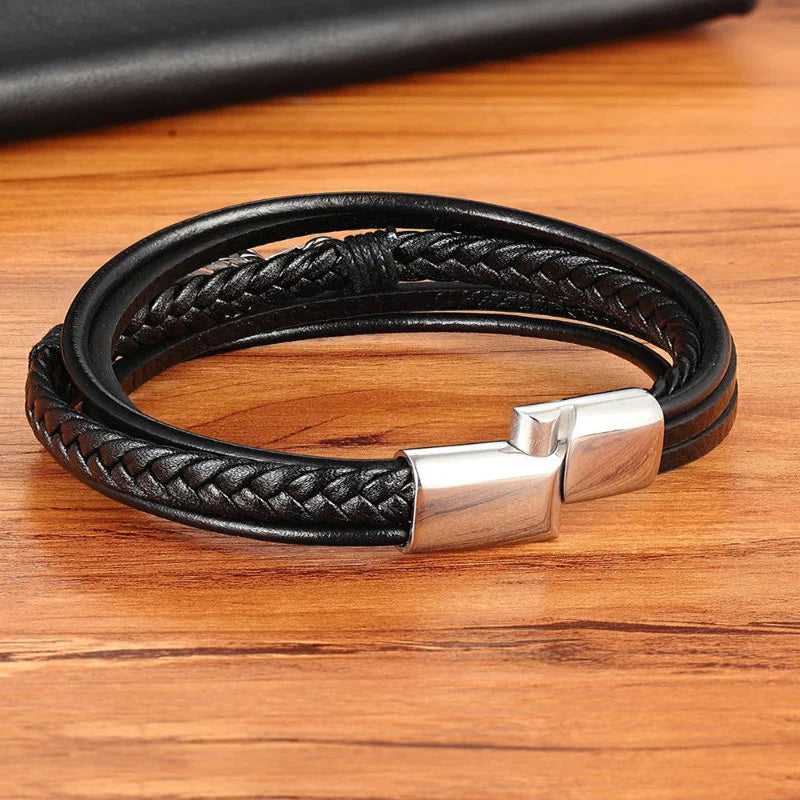 Kožený náramek Pírko pro muže stříbrný