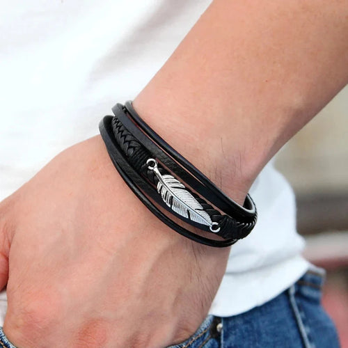 Herre læderarmbånd med fjer sølv