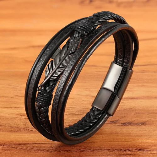 Herre læderarmbånd med fjer sort