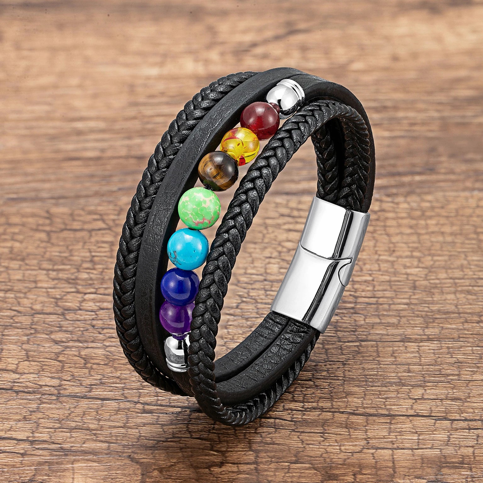 Pánský kožený náramek 7 čaker stříbrný