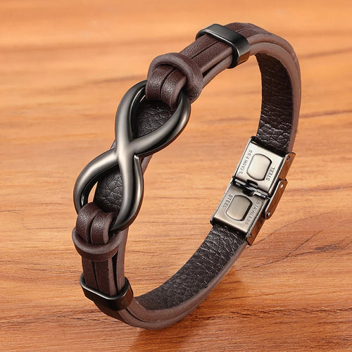 Uendelig armbånd i brunt og svart skinn