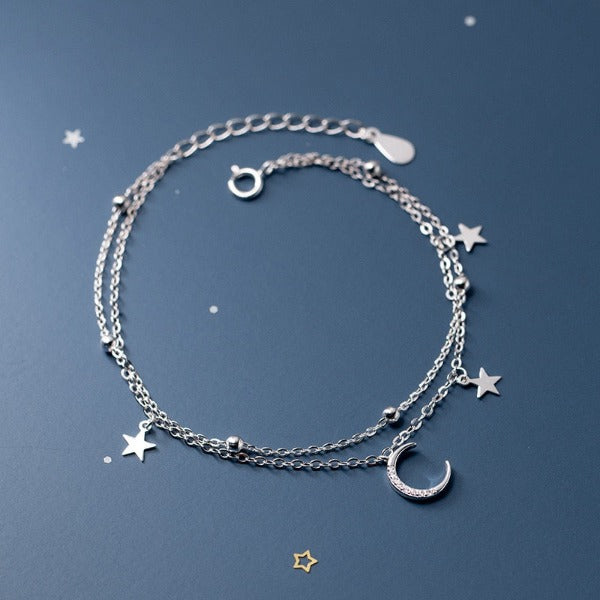 Bracelet Lune et Étoile Femme Gourmette en Argent