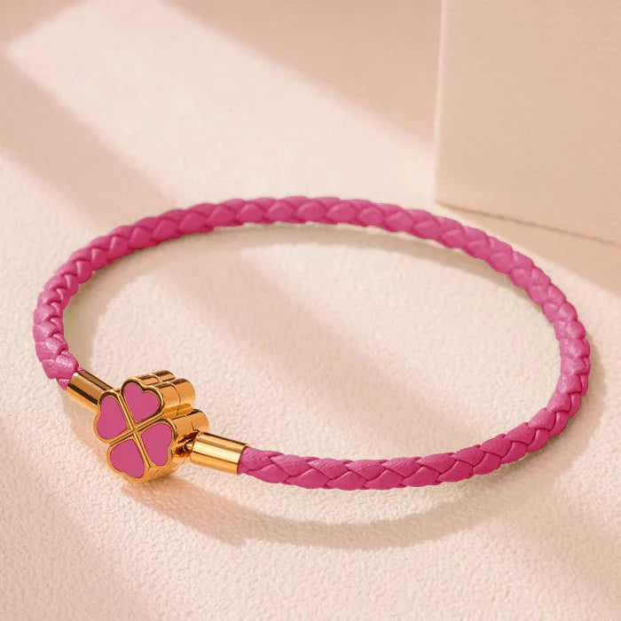 Bracelet Tressé en Cuir avec Trèfle à 4 Feuilles rose foncé