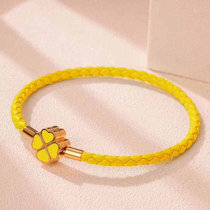 Bracelet Tressé en Cuir avec Trèfle à 4 Feuilles jaune