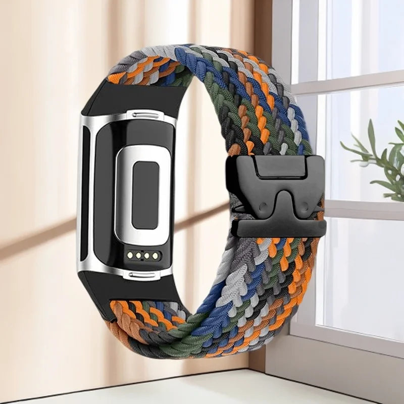 Flettet klokkerem for Fitbit Charge 5, Charge 6 oransje blå grønn
