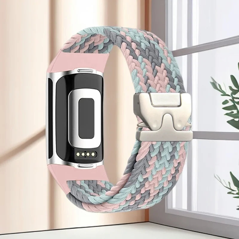 Flettet klokkerem for Fitbit Charge 5, Charge 6 rosa grå