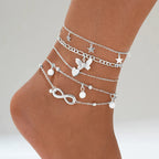 Náramky na kotníky s nekonečným bohémovým stylem (sada 5) stříbrné