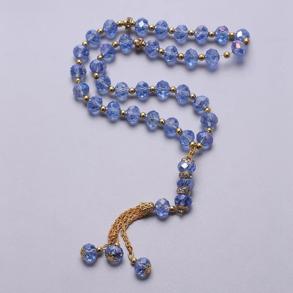 Elegantní muslimský růženec - islámský tasbih 33 modrých a zlatých korálků
