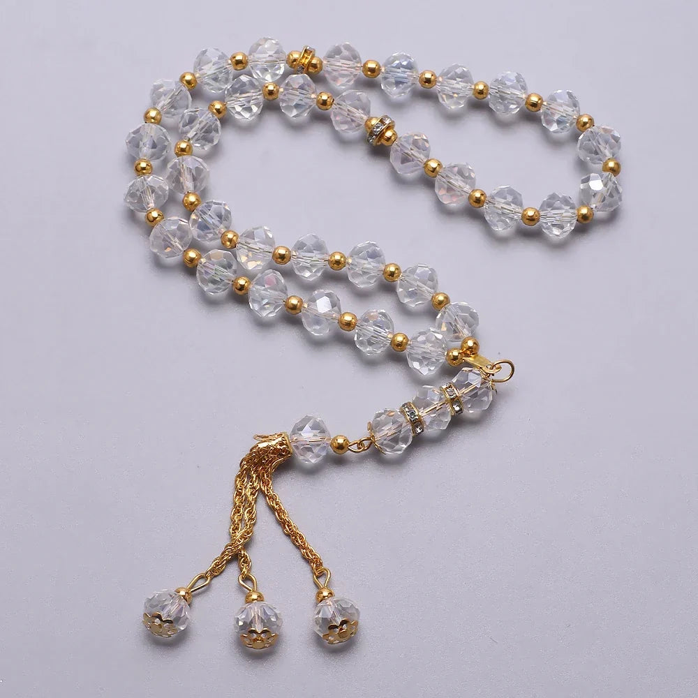 Elegantní muslimský růženec - islámský tasbih 33 křišťálových a zlatých korálků