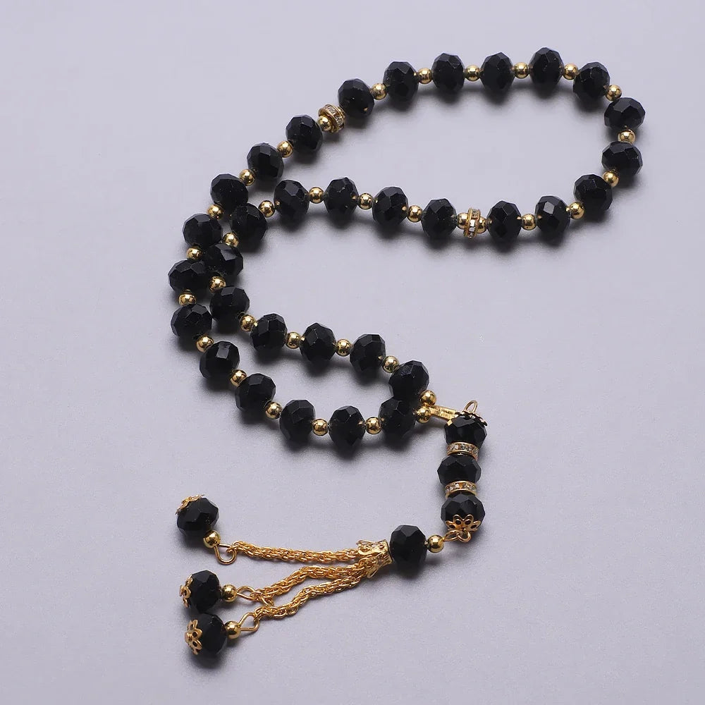 Elegantní muslimský růženec - islámský tasbih 33 černých a zlatých korálků
