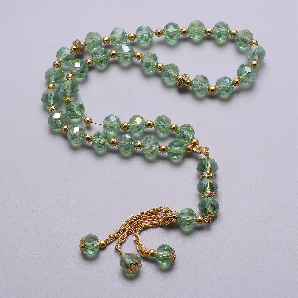 Elegantní muslimský růženec - islámský tasbih 33 jadeitově zelených a zlatých korálků