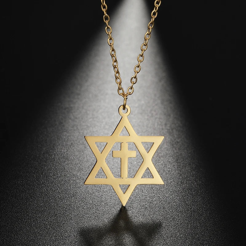 Halsband med hängsmycke i form av ett kors och Davidsstjärnan, ortodoxa judiska symboler, guld
