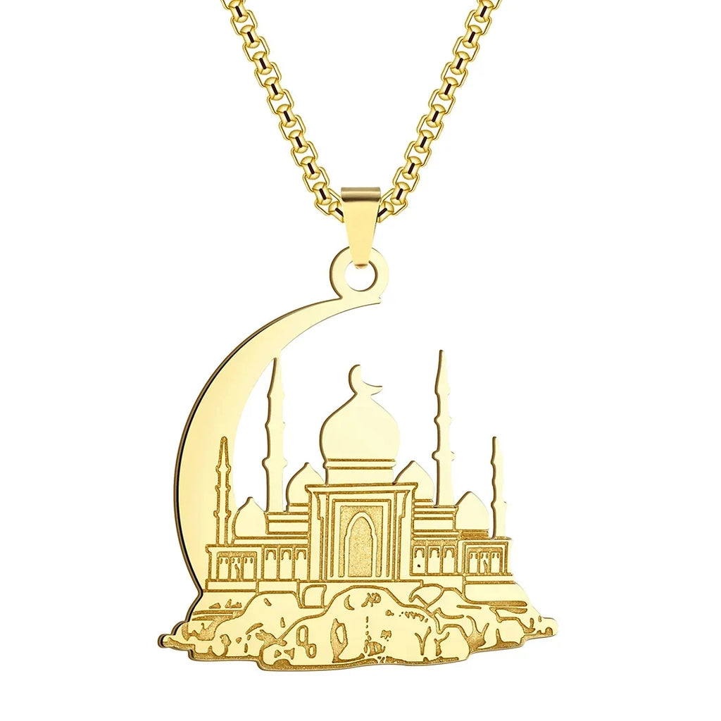 Halskæde med vedhæng af en moské på islamisk arabisk muslimsk halvmåne i guld
