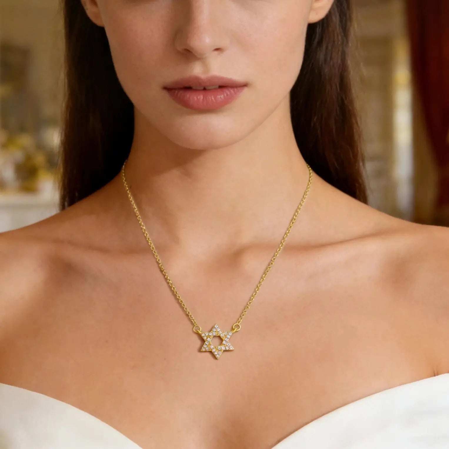 Halsband med hängsmycke i form av Davidsstjärnan med strass, judisk symbol guld