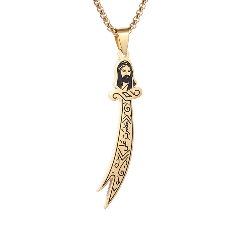 Halsband med hängsmycke av Imam Ali Zulfiqar arabisk islam muslim guld